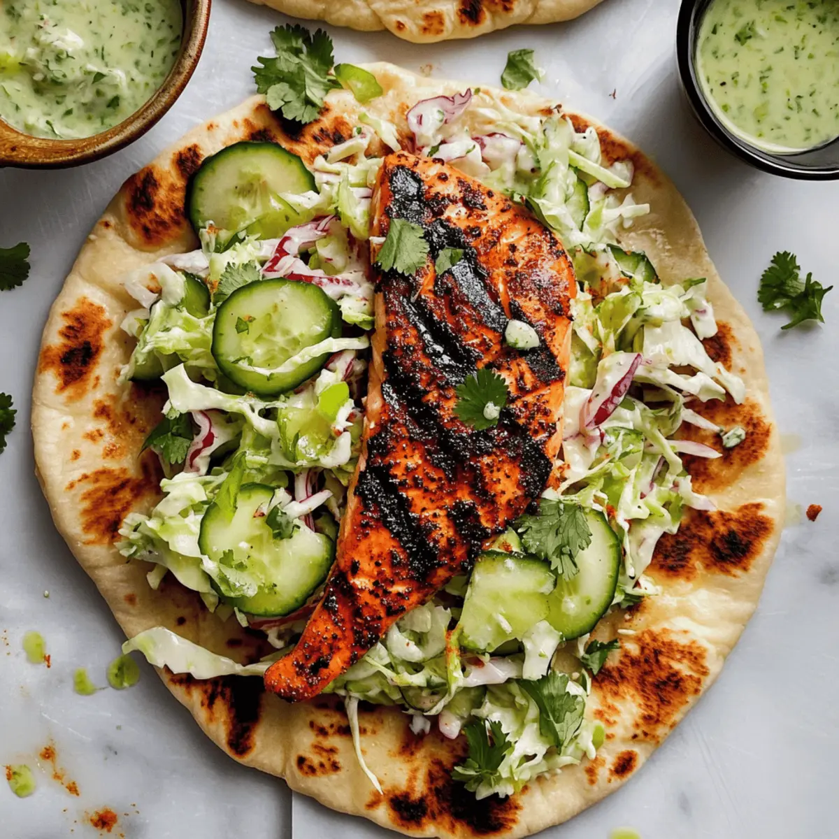 Blackened Salmon with Grilled Naan and Lime Slaw.
