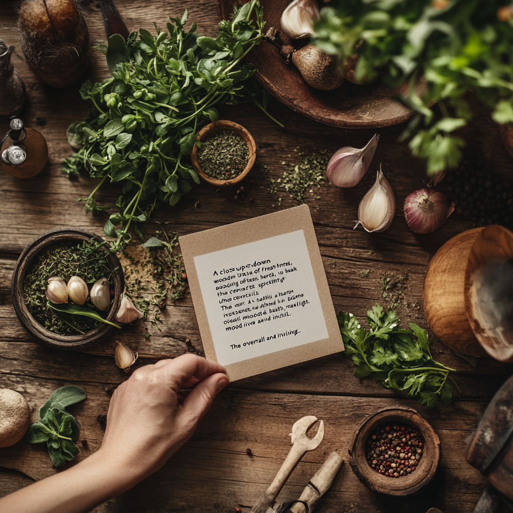 A rustic wooden table with fresh herbs and a recipe card.