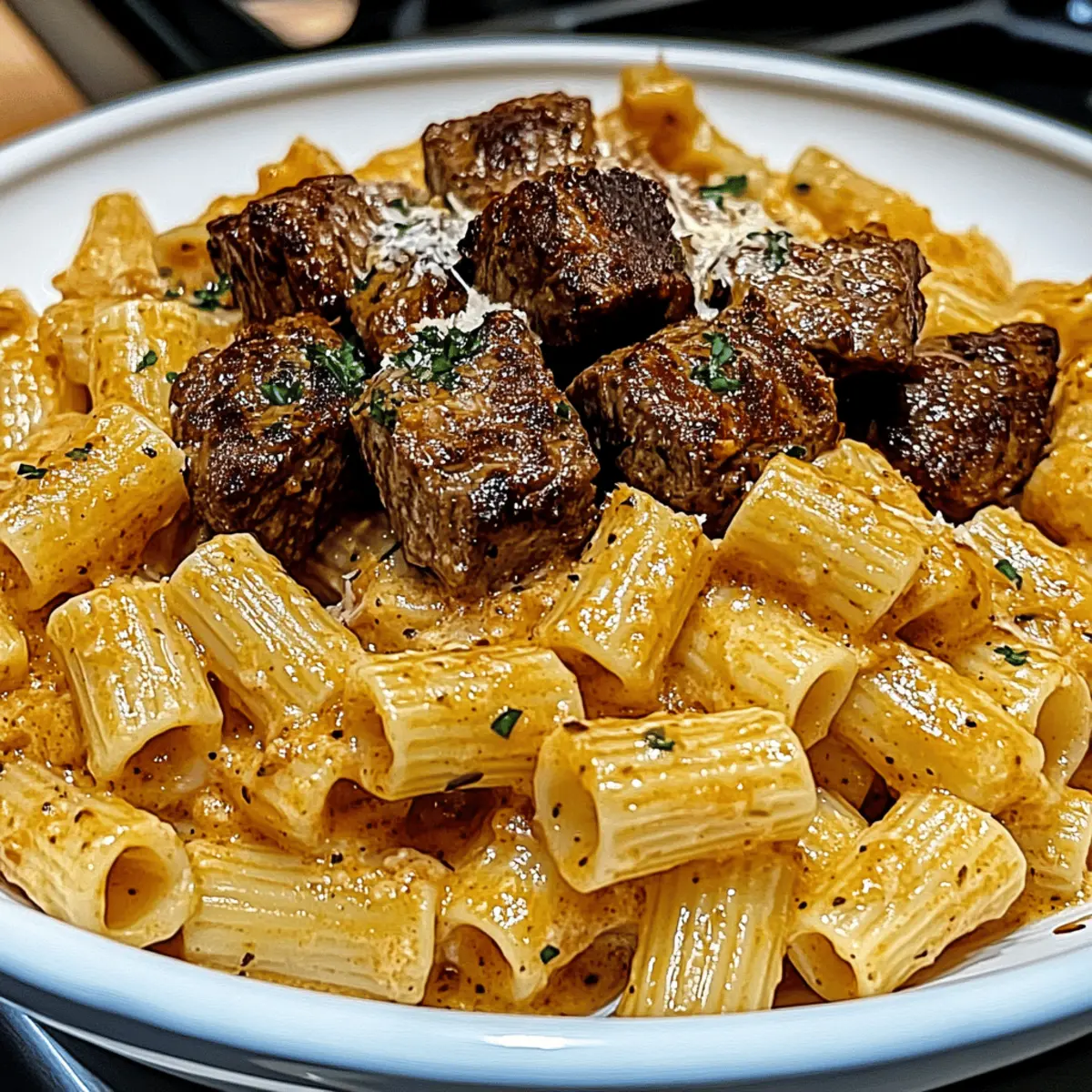 Cajun Steak Tips in Cheesy Rigatoni Parmesan Sauce
