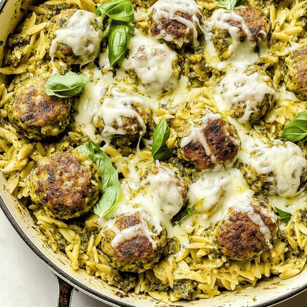 One Pan Baked Pesto Orzo with Chicken Meatballs