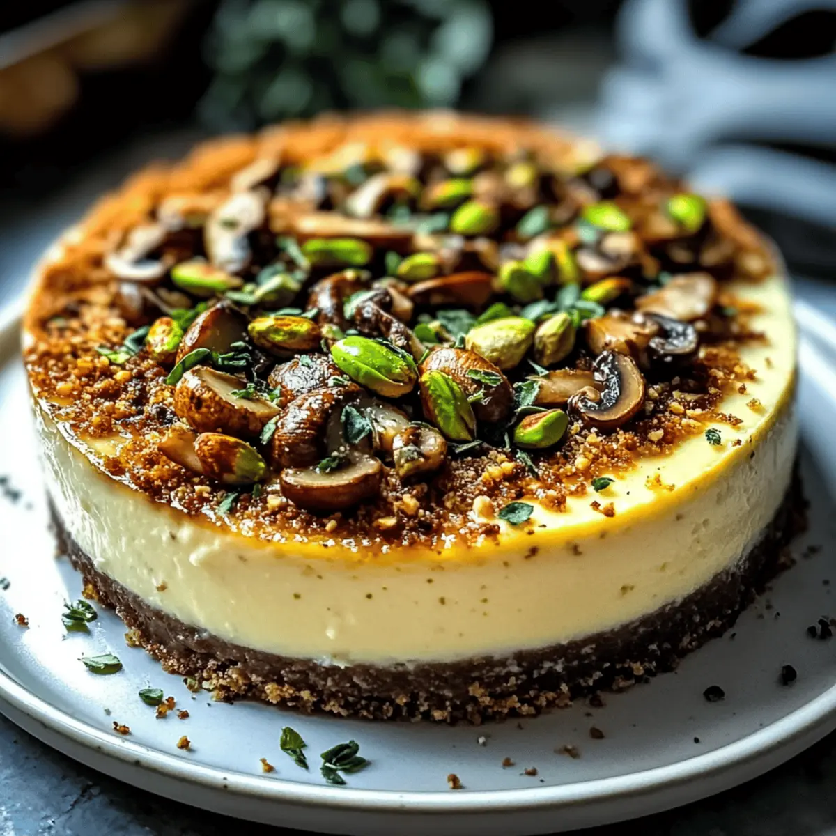 Pistachio and Mushroom Cheesecake with Feta & Parmesan Crust