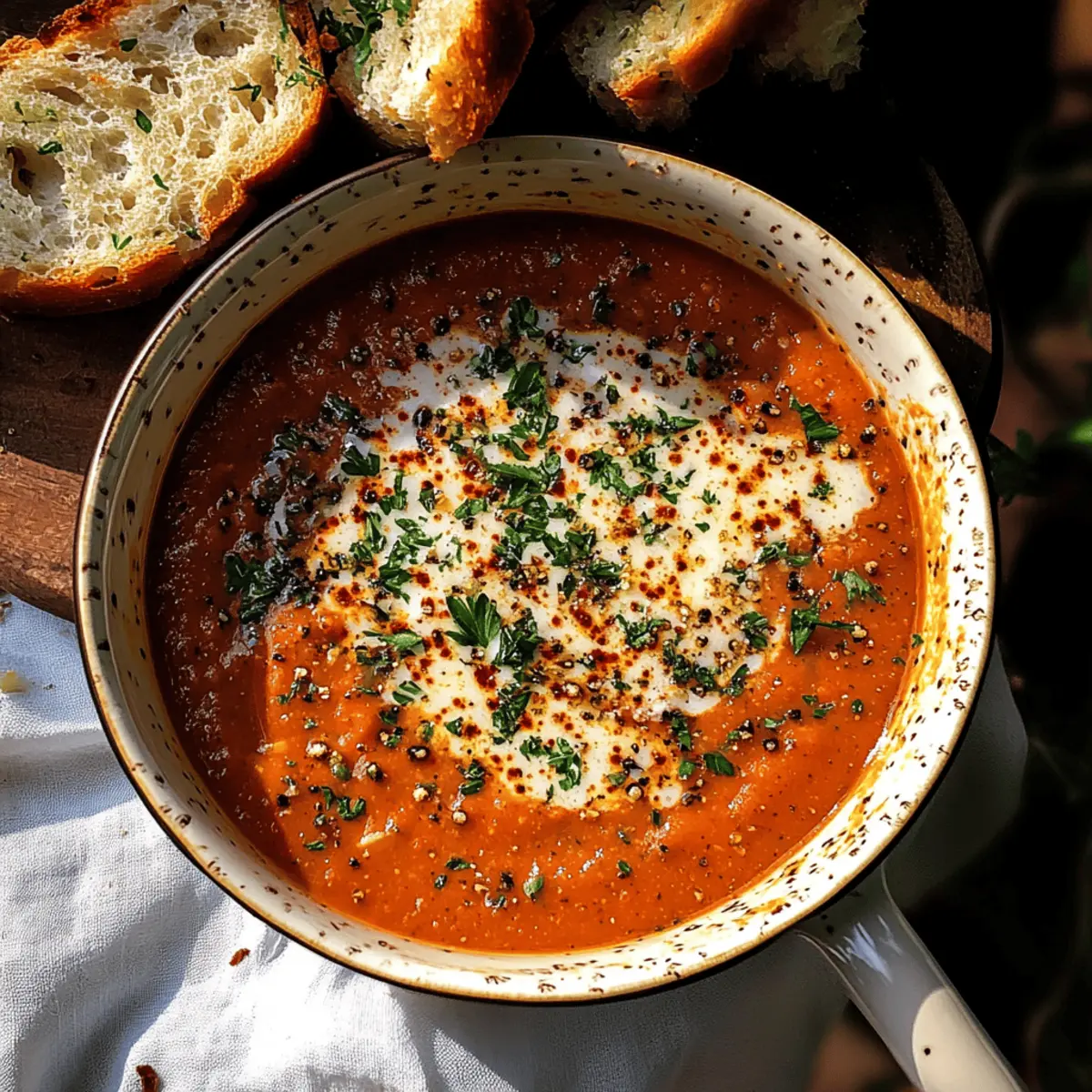 Spicy Tomato Soup with Garlic Cheese Bread