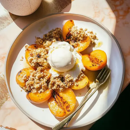Grilled Peaches with Oat Crumble & Vanilla Ice Cream