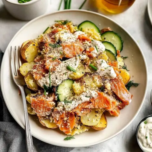 Smashed Potatoes with Smoked Salmon & Cucumbers