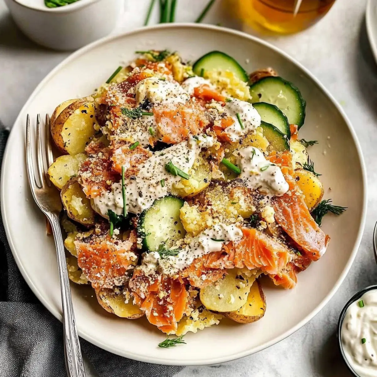 Smashed Potatoes with Smoked Salmon & Cucumbers