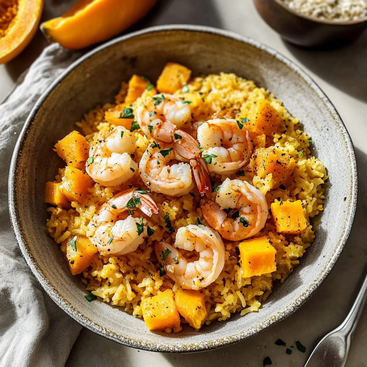Cheesy Butternut Squash Rice With Shrimp
