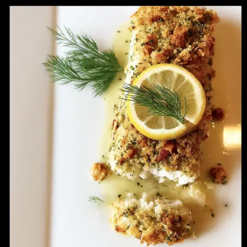walnut-crusted halibut in lemon wine sauce