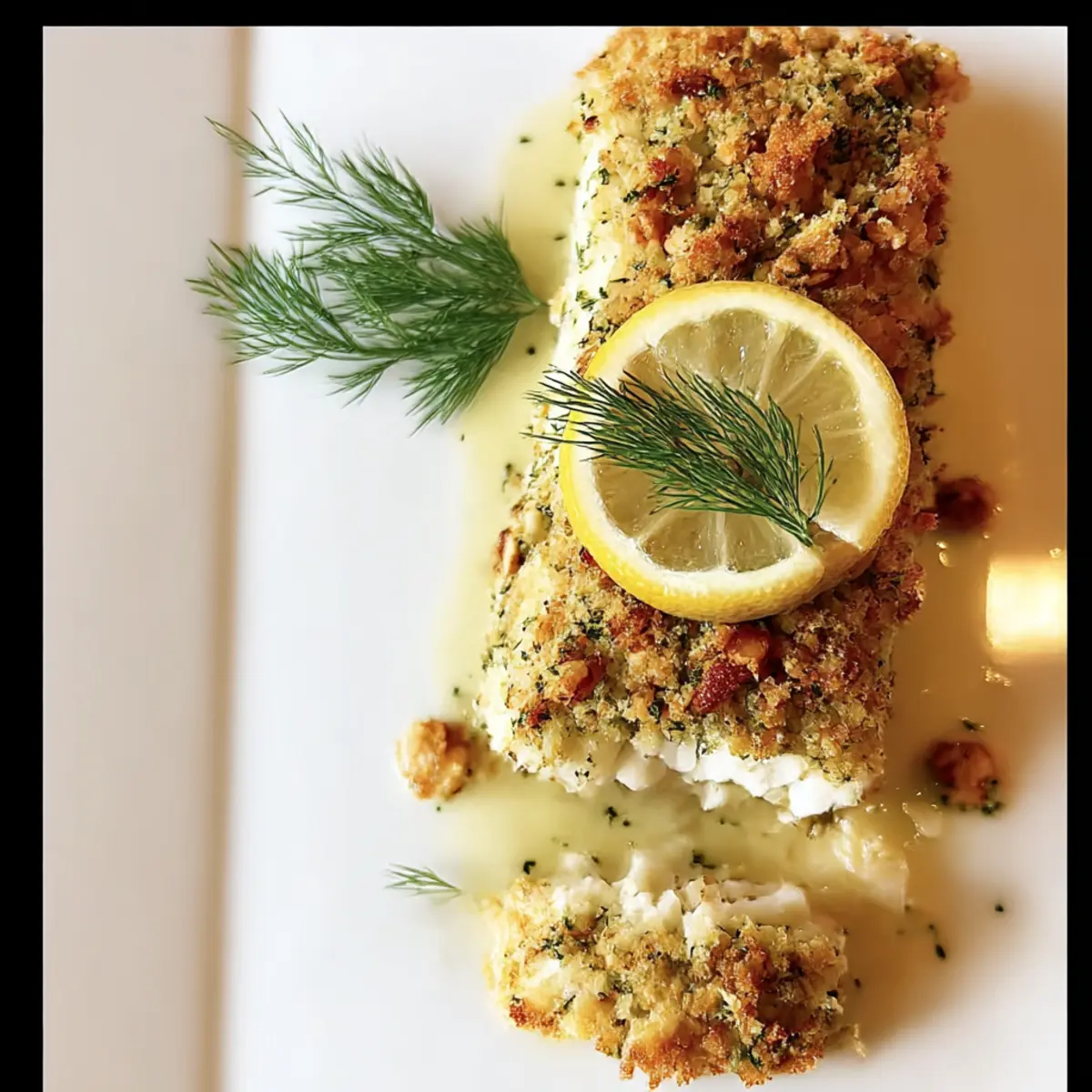 walnut-crusted halibut in lemon wine sauce