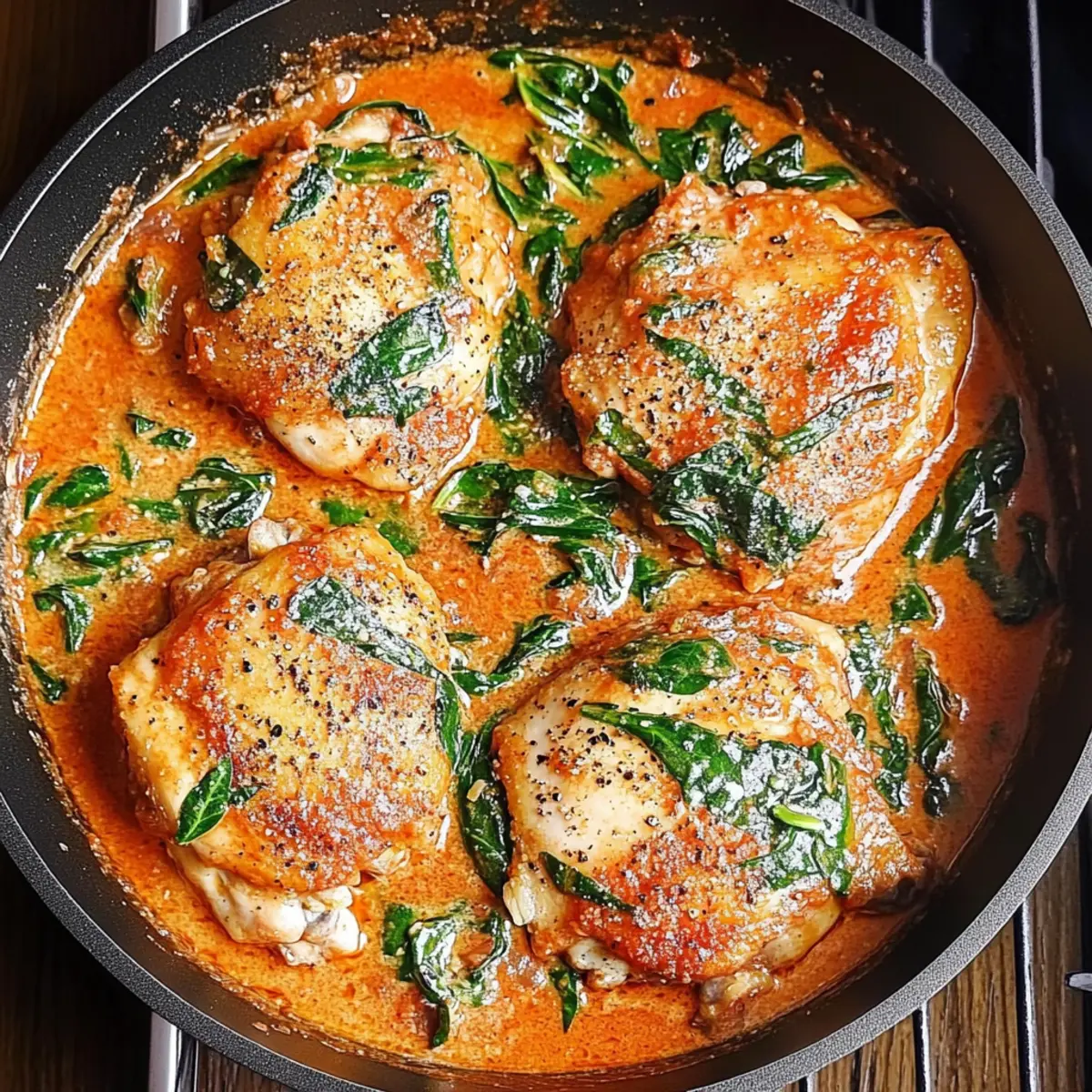 Skillet Chicken Thighs with Creamy Tomato Basil Spinach Sauce